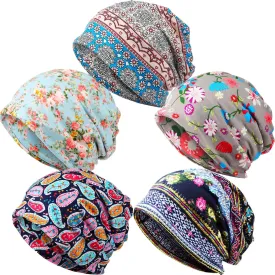 SATINIOR 5 Pieces Women's Slouchy Beanie Chemo Hat Stretch Cancer Head Wraps Sleep Head Scarf for Cancer Patient
