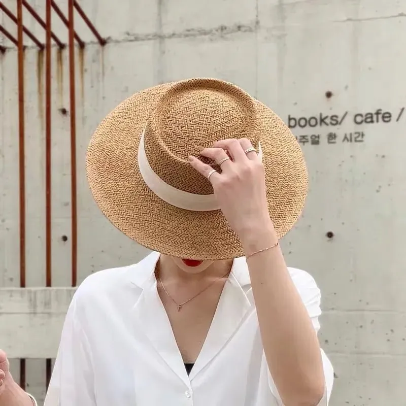 Straw Sun Hat With Colored Ribbon