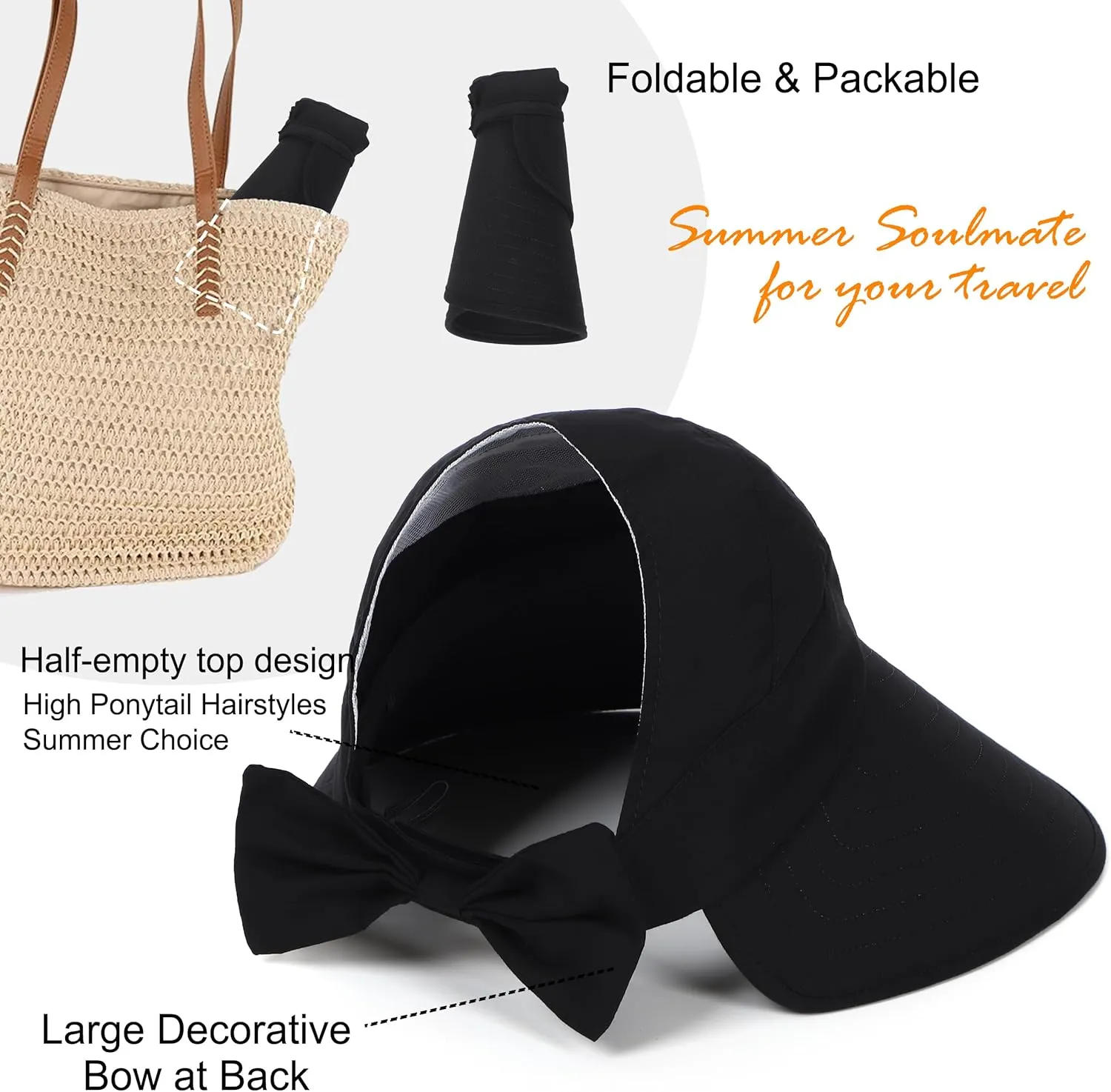 Sun Visor Hat for Women Wide Brim Ponytail Hole UV Protection Summer Cap Packable UPF 50  Travel Outdoor