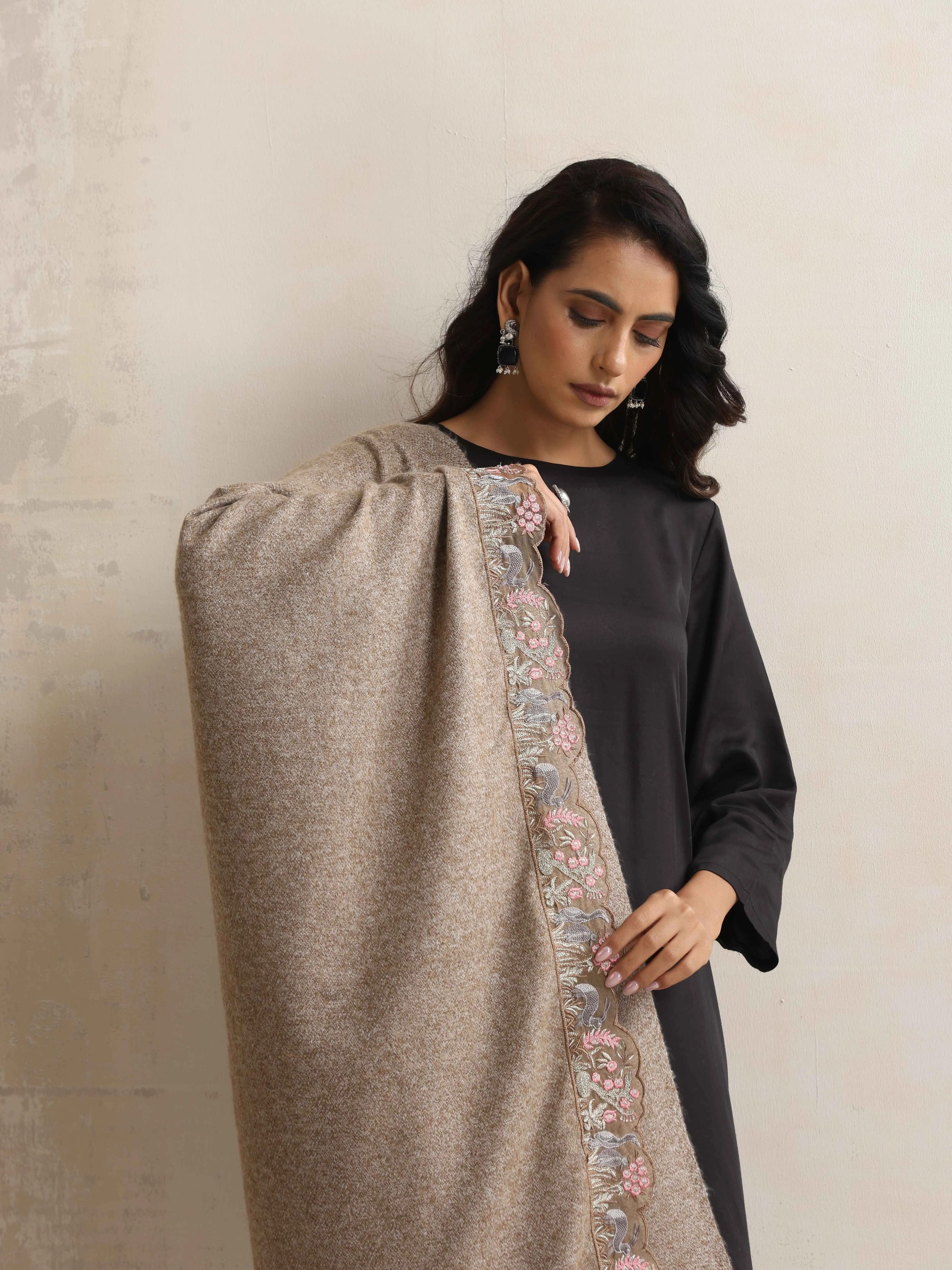 trueBrowns Beige Embroidered Stole