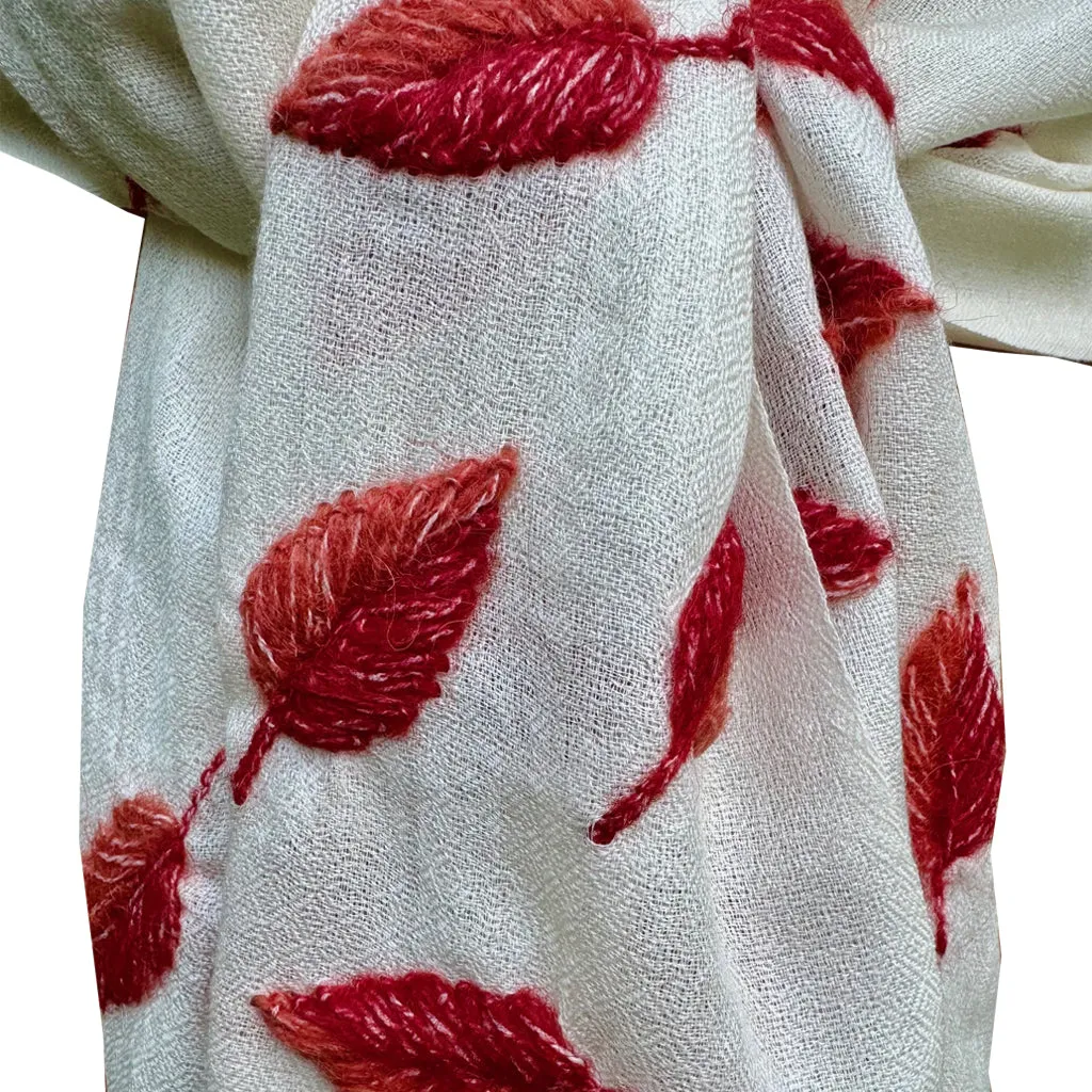 Udaipur Cashmere Shawl with Red wool embroidered leaves