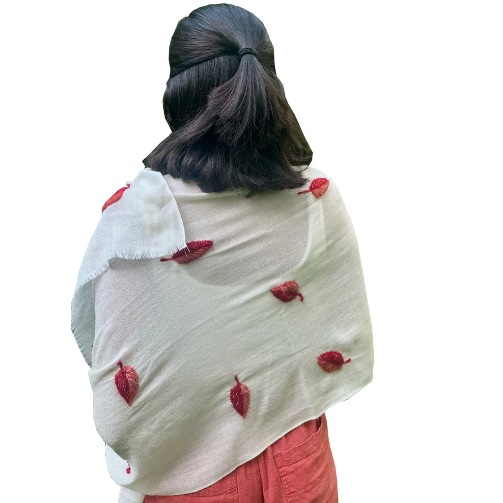 Udaipur Cashmere Shawl with Red wool embroidered leaves