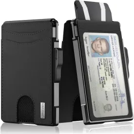 umoven Wallet for Men - Slim Leather RFID Blocking Bifold Minimalist Wallet with Metal Pop-Up Card Holder, Money Clip, Credit Card Slots - Men's Wallet, Dark Black