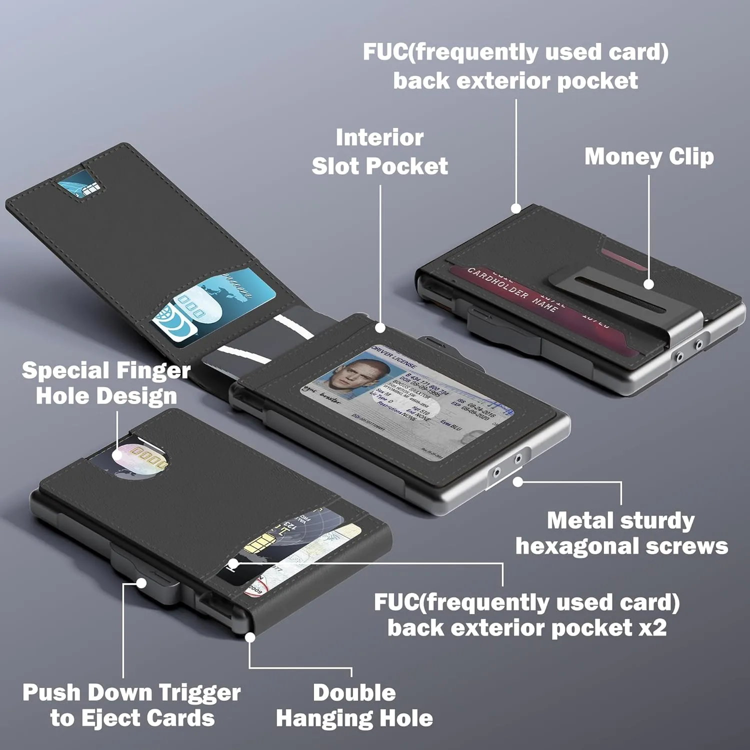 umoven Wallet for Men - Slim Leather RFID Blocking Bifold Minimalist Wallet with Metal Pop-Up Card Holder, Money Clip, Credit Card Slots - Men's Wallet, Dark Black