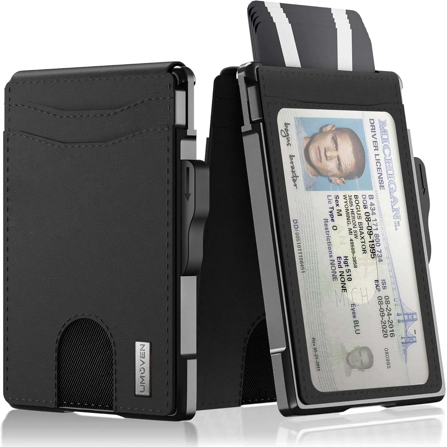 umoven Wallet for Men - Slim Leather RFID Blocking Bifold Minimalist Wallet with Metal Pop-Up Card Holder, Money Clip, Credit Card Slots - Men's Wallet, Dark Black