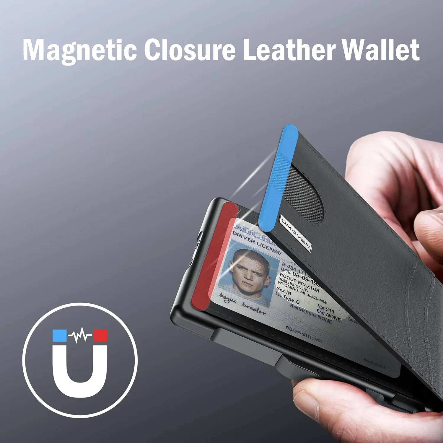 umoven Wallet for Men - Slim Leather RFID Blocking Bifold Minimalist Wallet with Metal Pop-Up Card Holder, Money Clip, Credit Card Slots - Men's Wallet, Dark Black