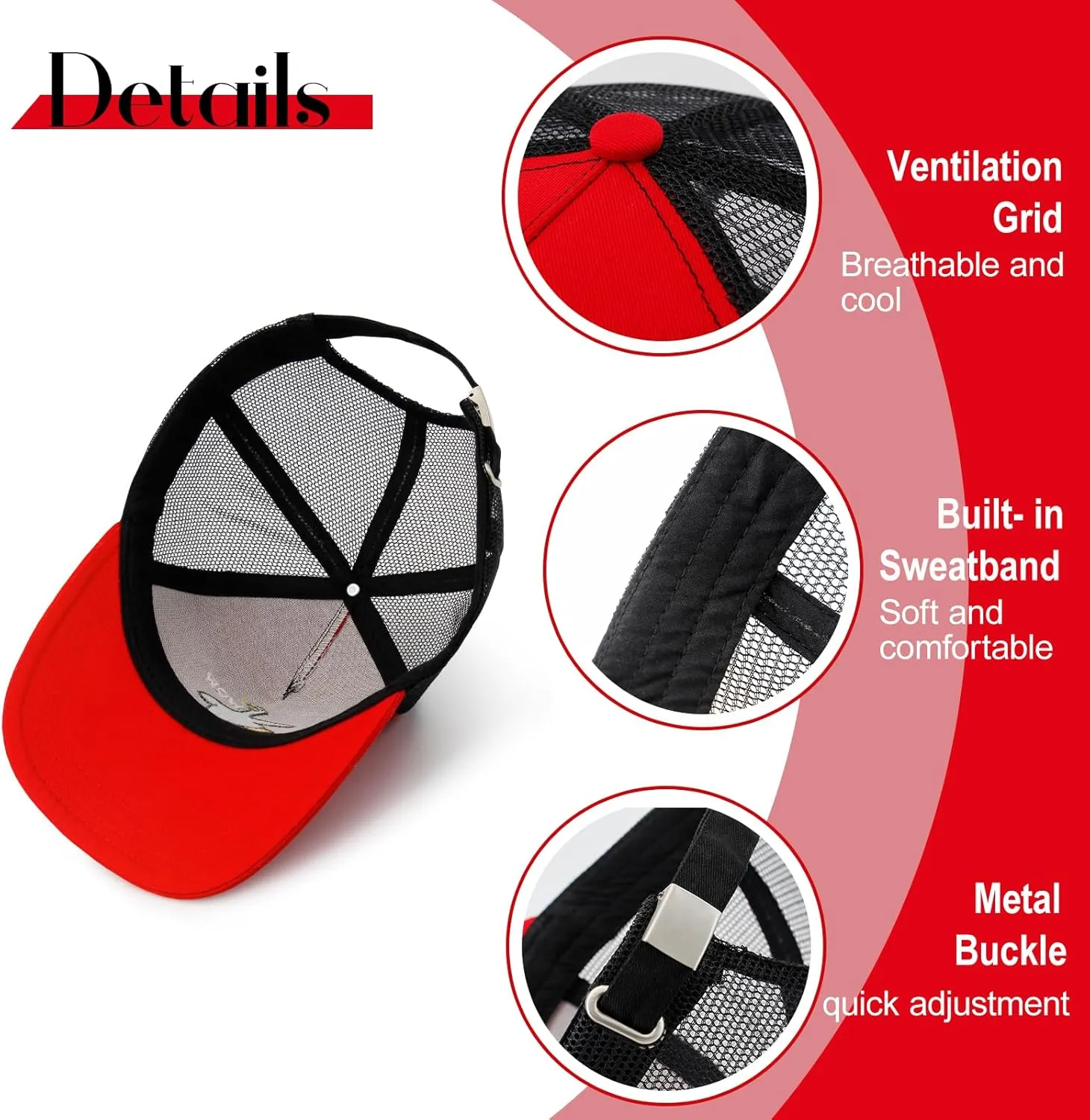 Unisex Trucker Adjustable Mesh Baseball Cap Dad Hat for Men Women Breathable Mesh Side with Stainless Steel Cap Buckle