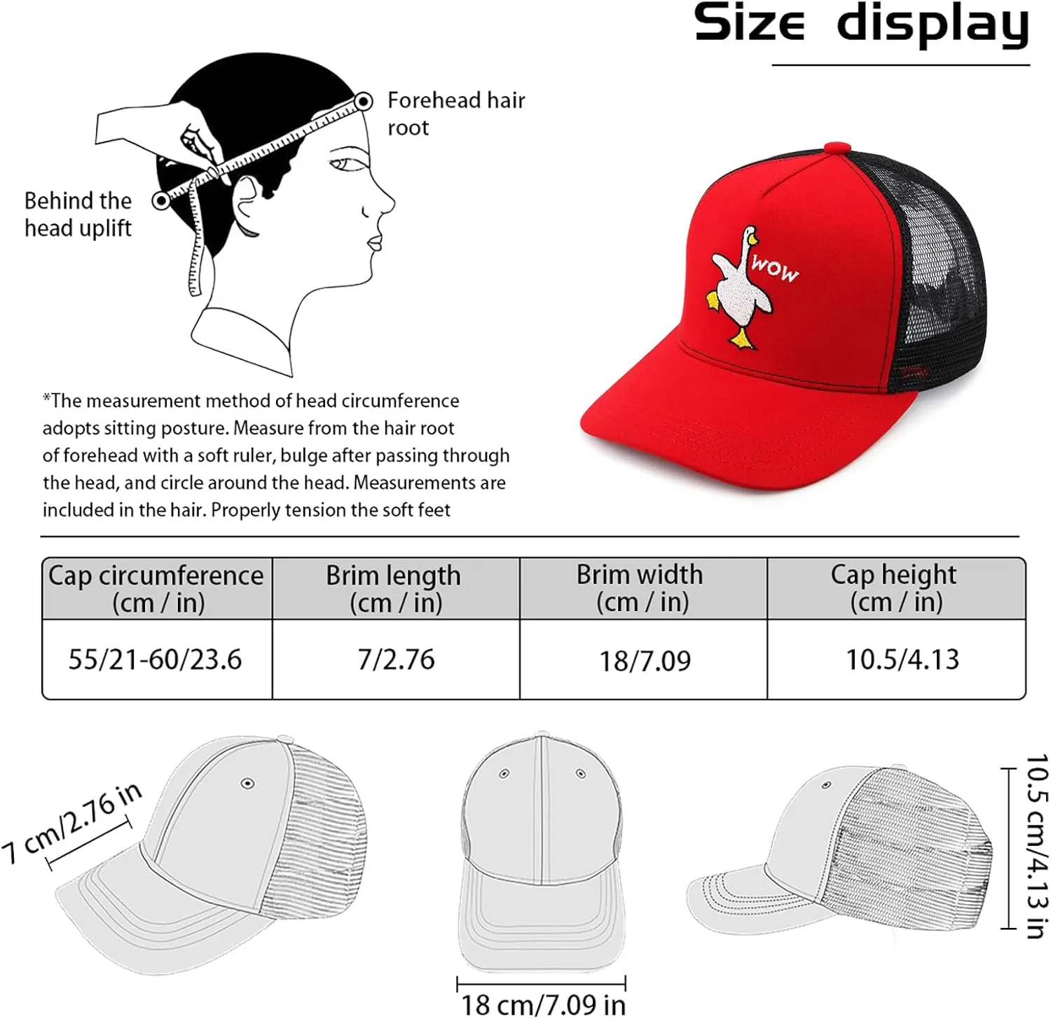 Unisex Trucker Adjustable Mesh Baseball Cap Dad Hat for Men Women Breathable Mesh Side with Stainless Steel Cap Buckle