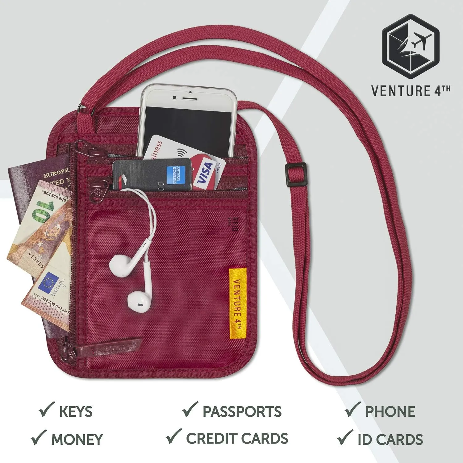 VENTURE 4TH RFID Blocking Travel Neck Wallet - Security Neck Pouch Passport Holder with Nylon Lining (Red)