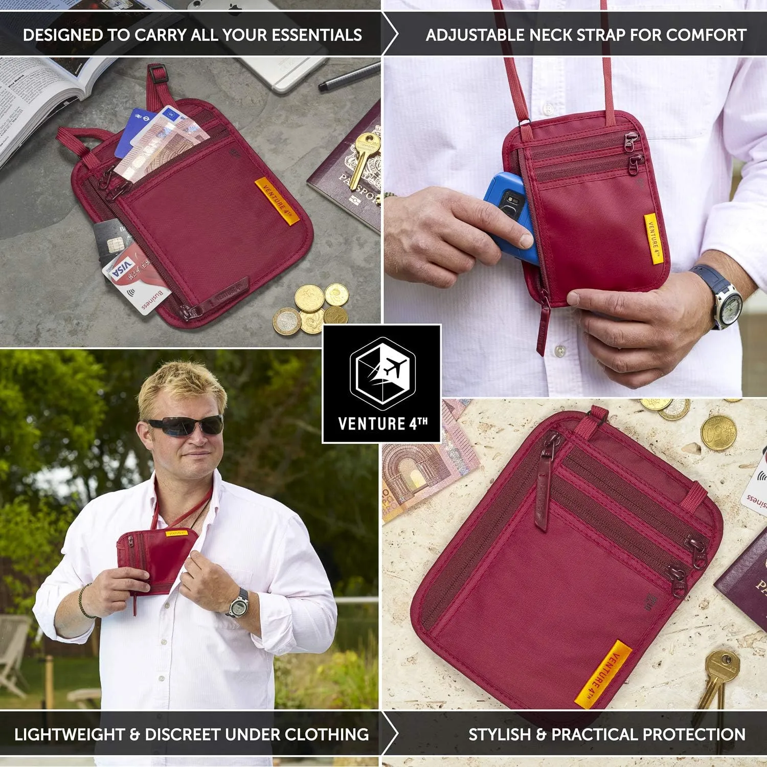 VENTURE 4TH RFID Blocking Travel Neck Wallet - Security Neck Pouch Passport Holder with Nylon Lining (Red)
