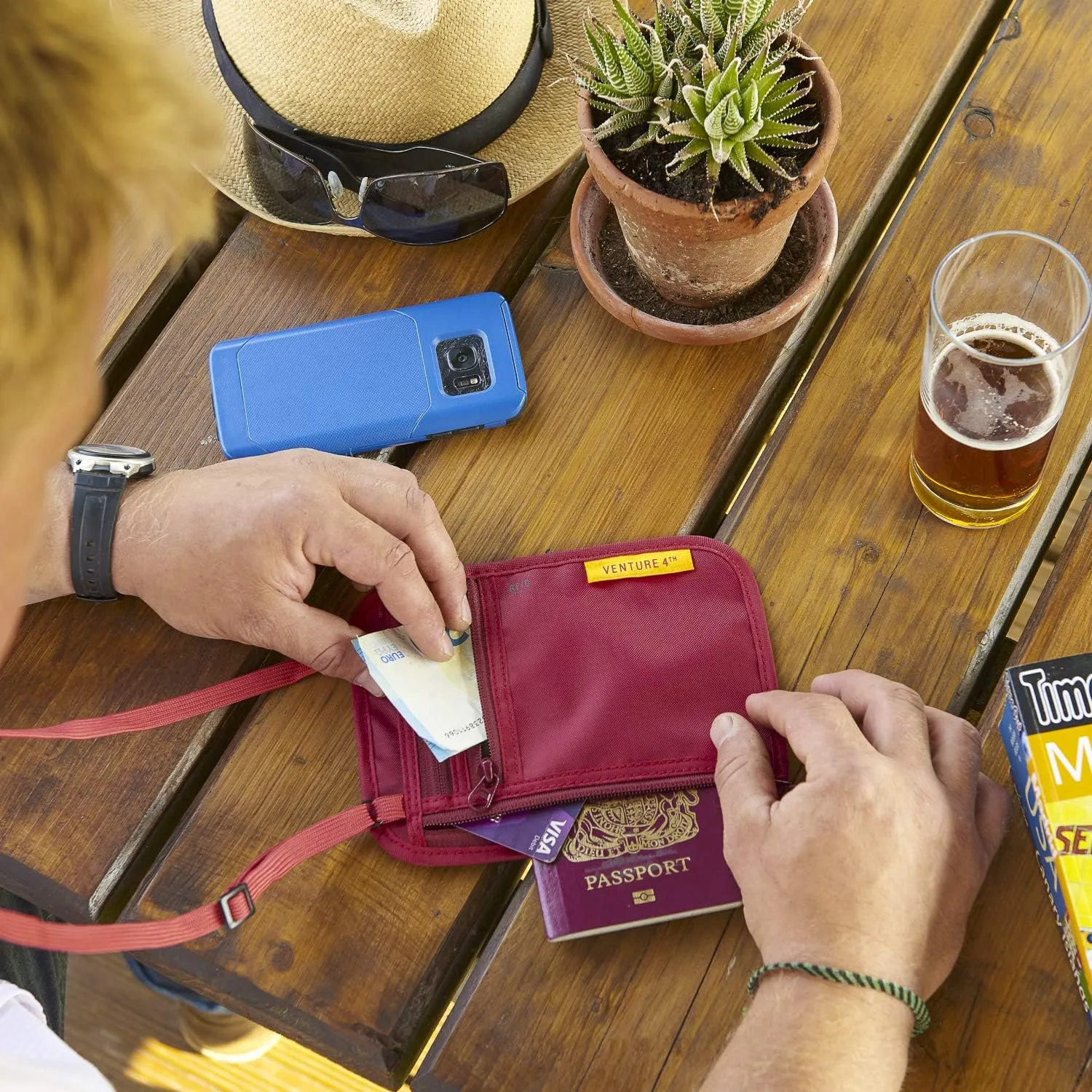 VENTURE 4TH RFID Blocking Travel Neck Wallet - Security Neck Pouch Passport Holder with Nylon Lining (Red)