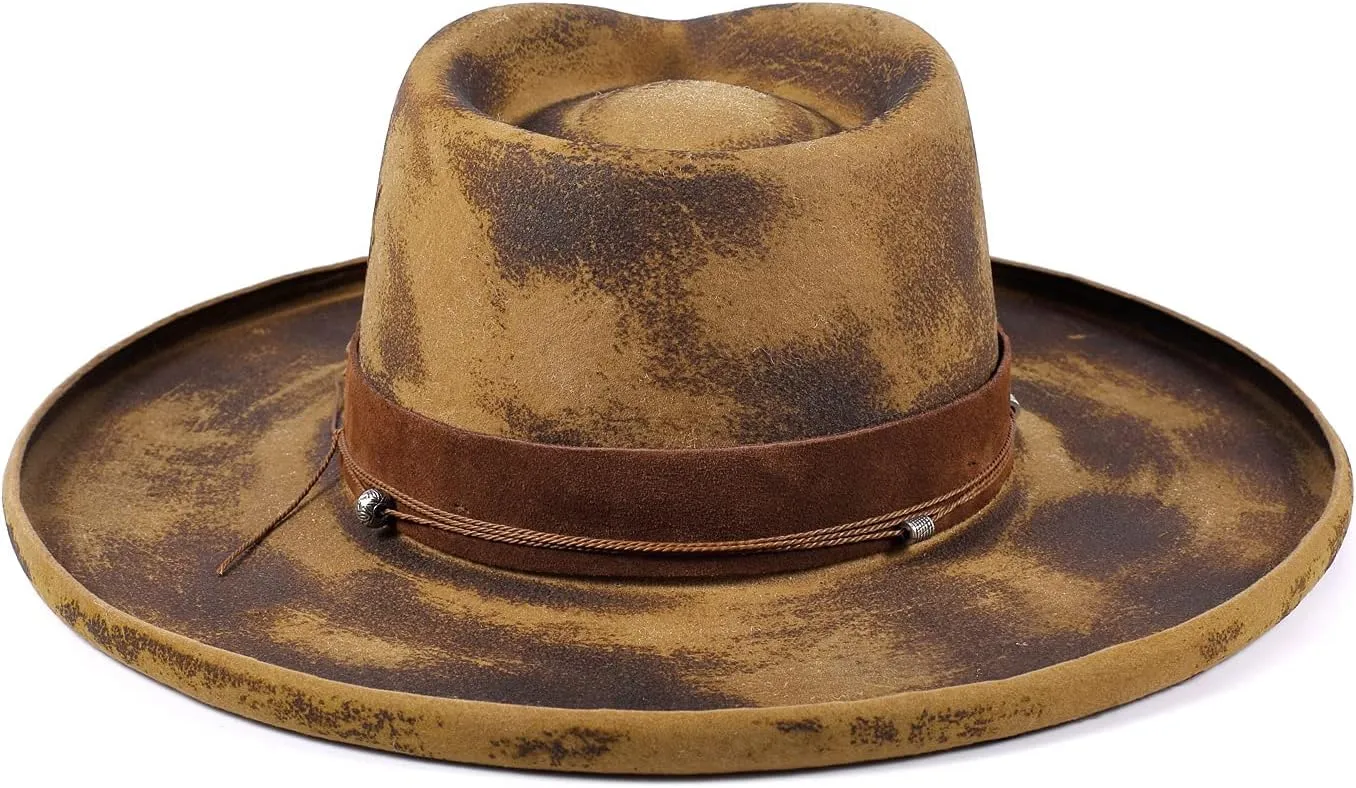 Vintage Wide Brim Fedora Hats for Mens Women 100% Wool Felt Panama Rancher Hat with Lightning Logo Distressed/Burned