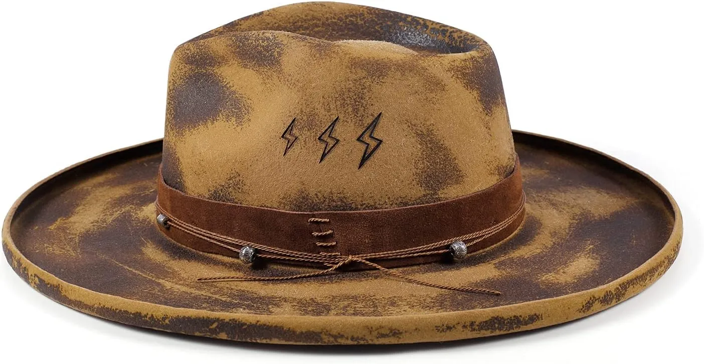 Vintage Wide Brim Fedora Hats for Mens Women 100% Wool Felt Panama Rancher Hat with Lightning Logo Distressed/Burned