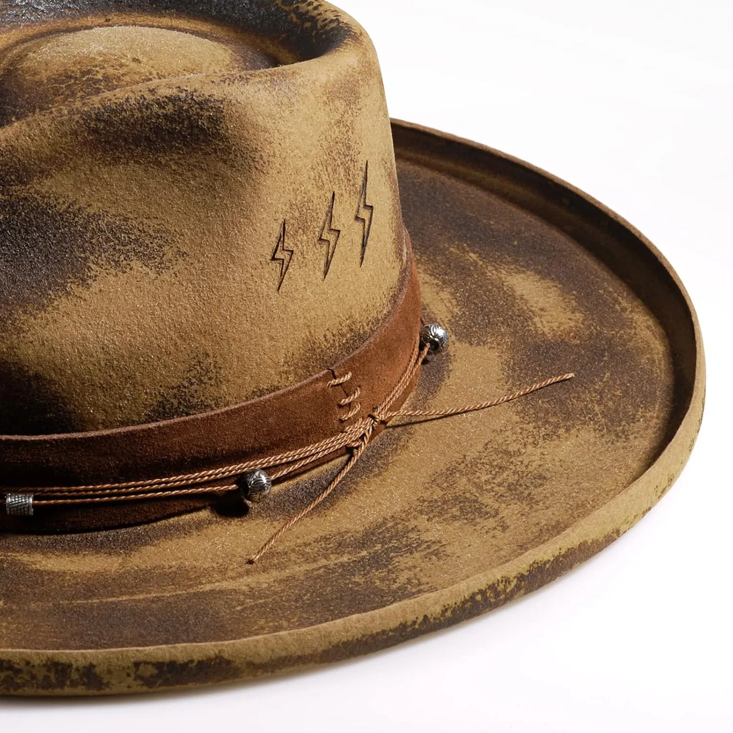Vintage Wide Brim Fedora Hats for Mens Women 100% Wool Felt Panama Rancher Hat with Lightning Logo Distressed/Burned