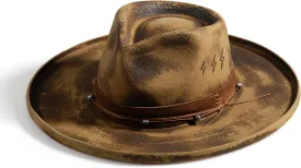 Vintage Wide Brim Fedora Hats for Mens Women 100% Wool Felt Panama Rancher Hat with Lightning Logo Distressed/Burned