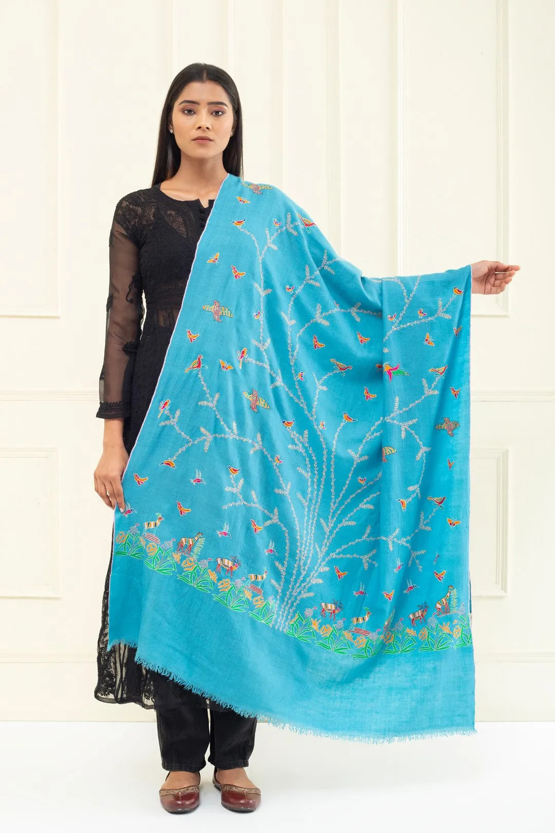 Whirling butterflies Ceruleam Blue Embroidered Pashmina Shawl