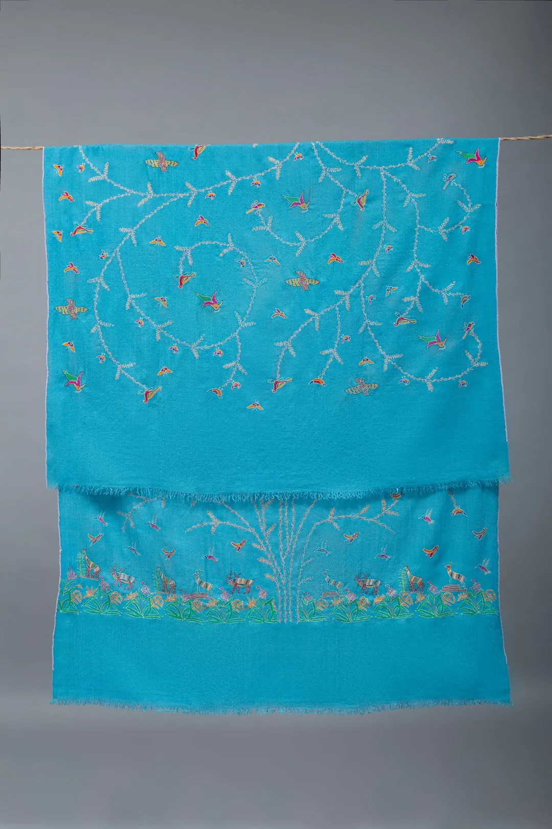 Whirling butterflies Ceruleam Blue Embroidered Pashmina Shawl
