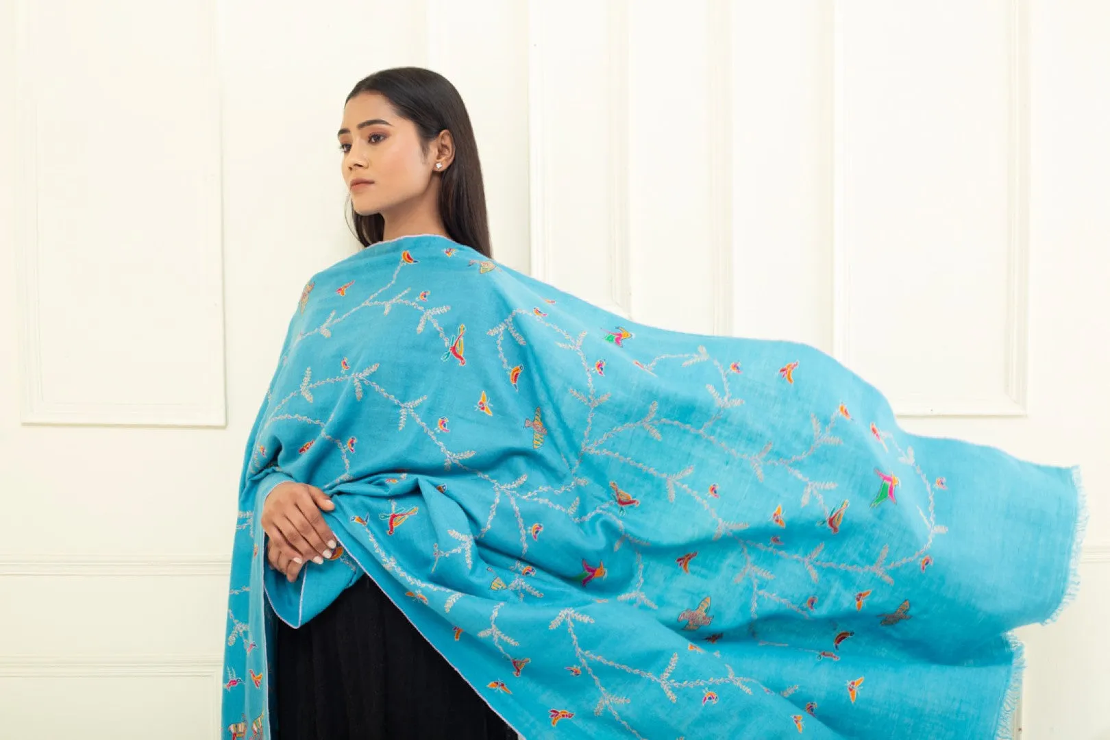Whirling butterflies Ceruleam Blue Embroidered Pashmina Shawl