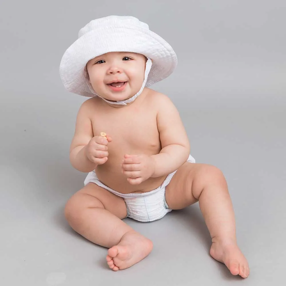 White Seersucker UPF 25  Bucket Hat for Babies and Toddlers