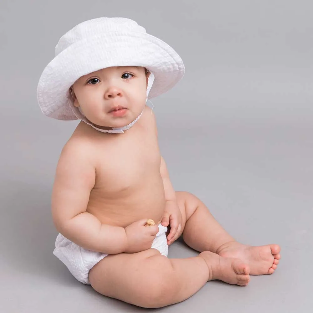 White Seersucker UPF 25  Bucket Hat for Babies and Toddlers