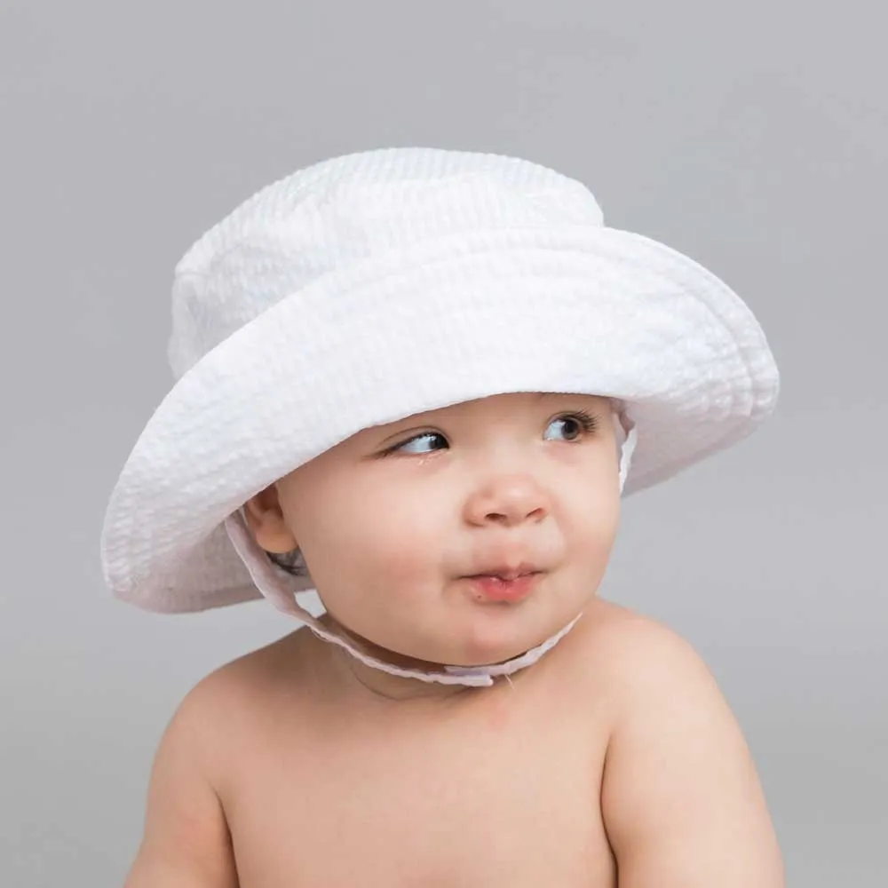 White Seersucker UPF 25  Bucket Hat for Babies and Toddlers