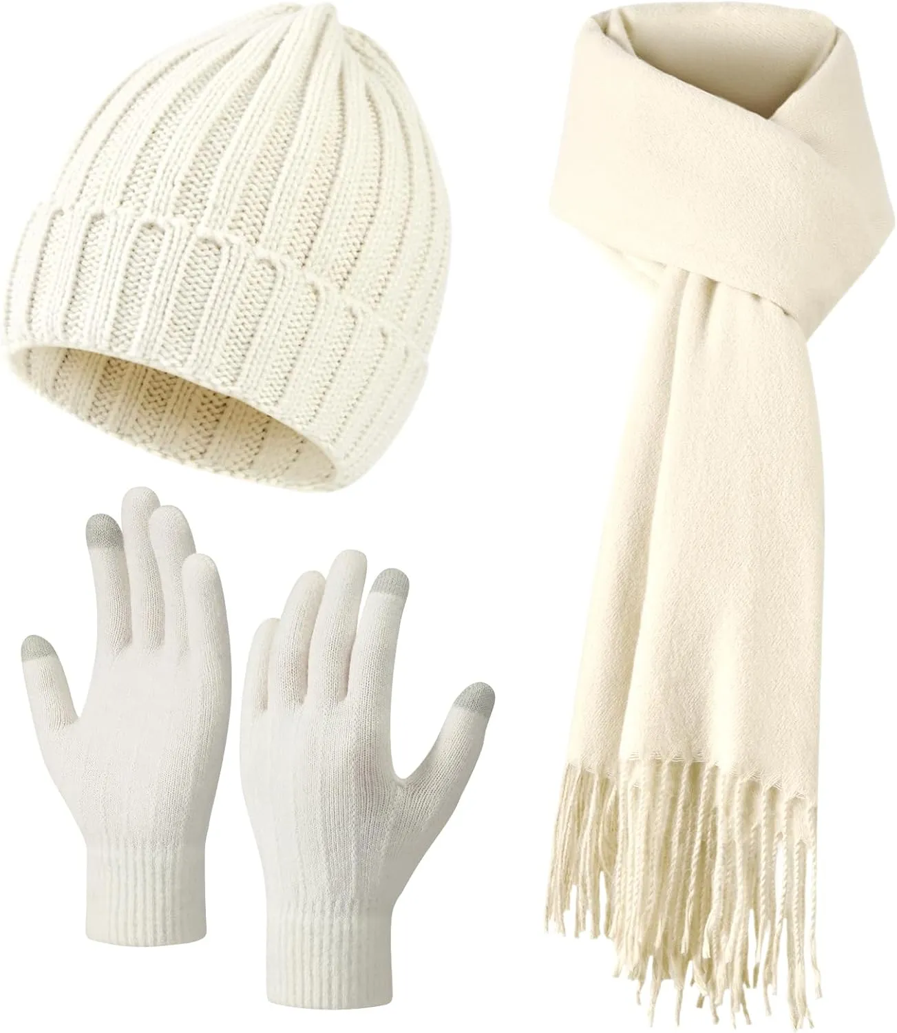 Women Winter Hat Beanie Long Scarf Touch Screen Gloves Set, Warm Clothes Set with Knit Fleece Lined for Women/Men Winter