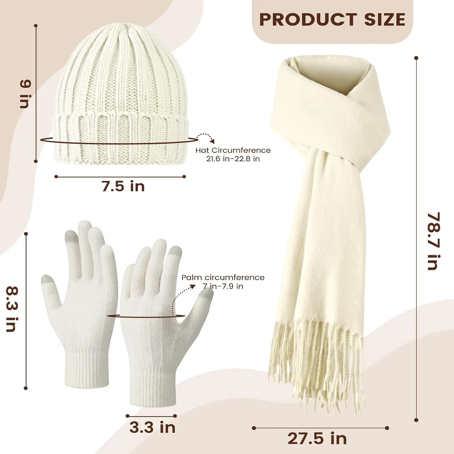 Women Winter Hat Beanie Long Scarf Touch Screen Gloves Set, Warm Clothes Set with Knit Fleece Lined for Women/Men Winter