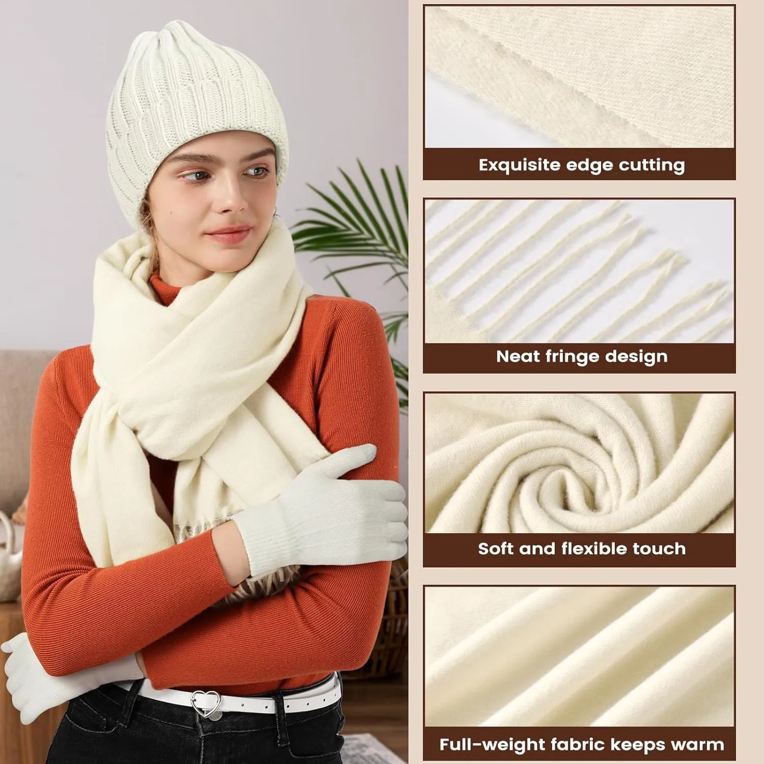 Women Winter Hat Beanie Long Scarf Touch Screen Gloves Set, Warm Clothes Set with Knit Fleece Lined for Women/Men Winter