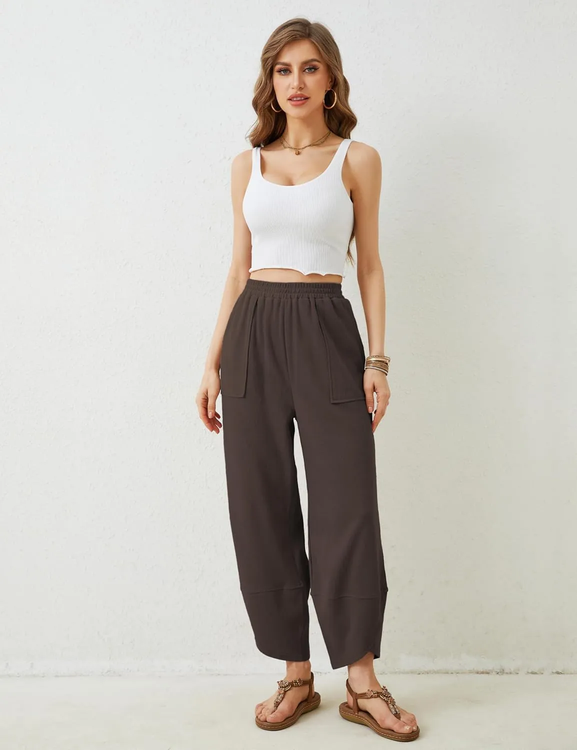 Womens Harem Pants Summer Casual 2025 Elastic Waist Palazzo Baggy Pants Wide Leg Sweatpants with Pockets