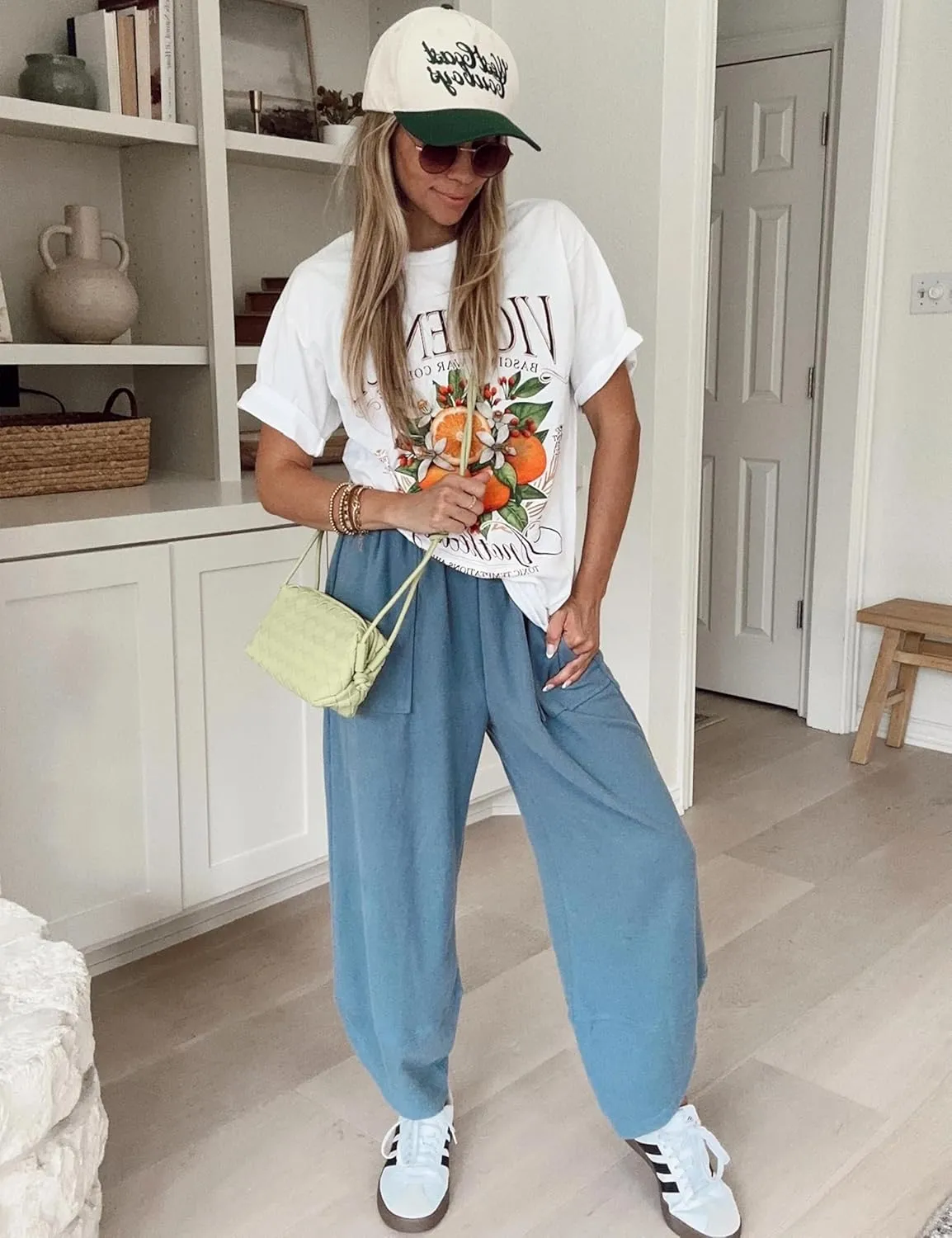 Womens Harem Pants Summer Casual 2025 Elastic Waist Palazzo Baggy Pants Wide Leg Sweatpants with Pockets