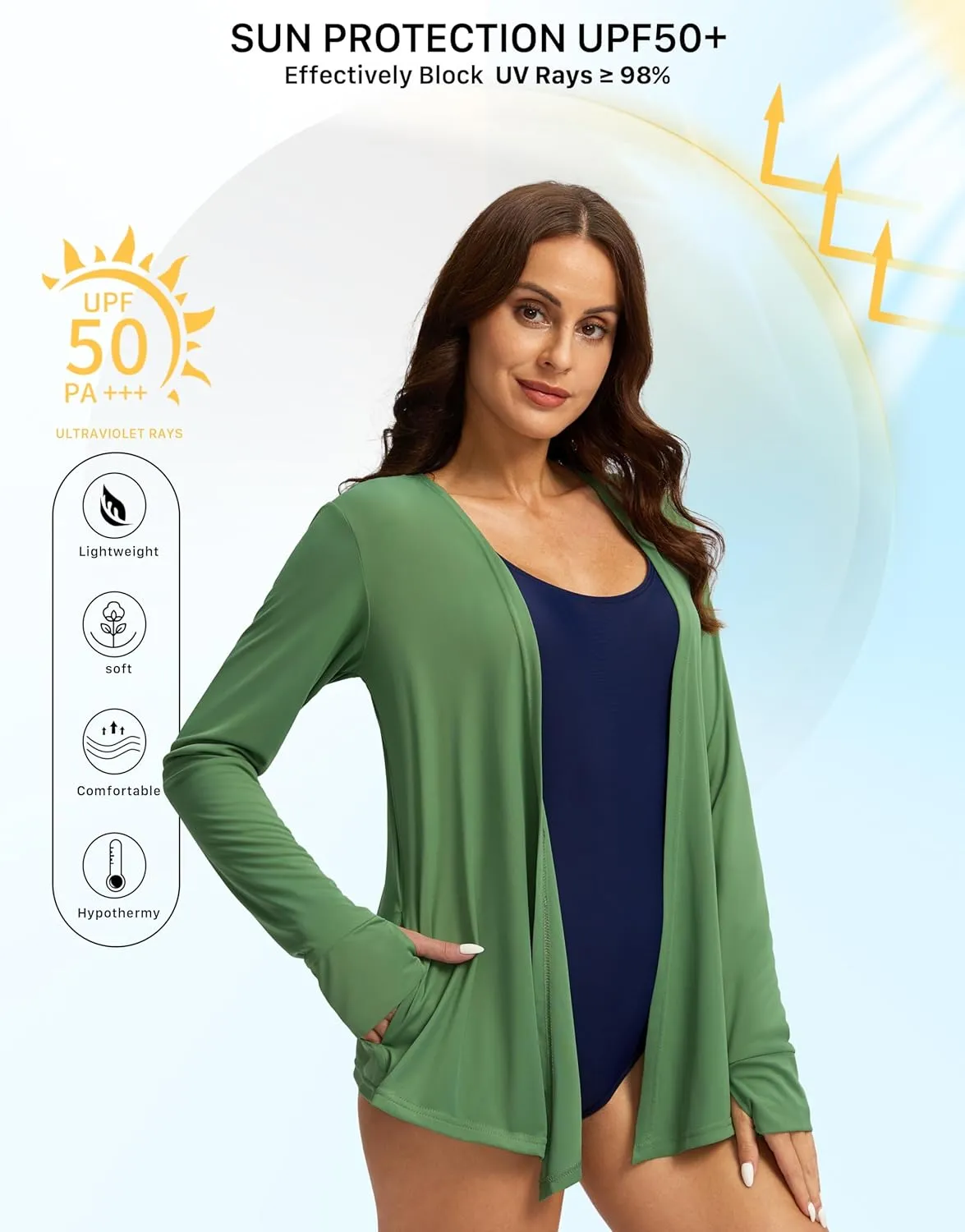 Women's UPF 50  Sun Shirt Long Sleeve UV Sun Protection Shirts Lightweight Cardigan for Women with Pockets SPF Swim Cover Up